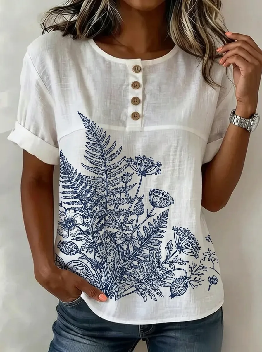 Women's Nashville Botanical Fern Printed Button-Up Top