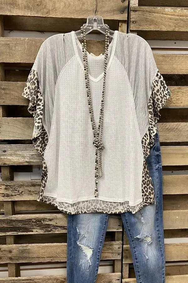Leopard Print V-Neck Ruffled T-Shirt