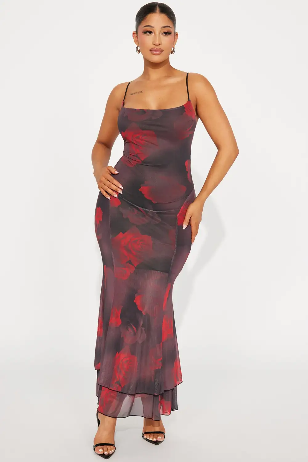 Ryleigh Printed Mesh Maxi Dress - Burgundy