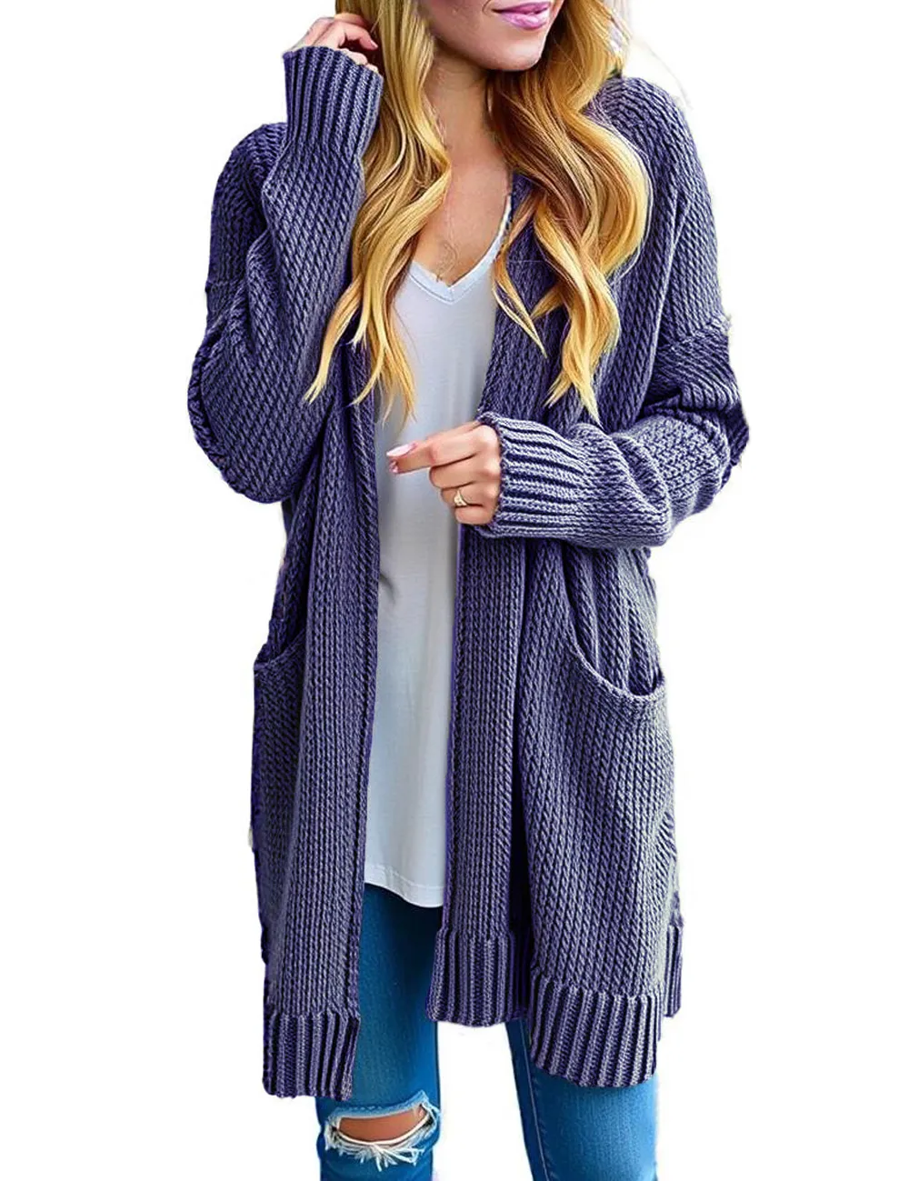 Women's Long Sleeve Knit Sweater Open Hooded Cardigan Jacket