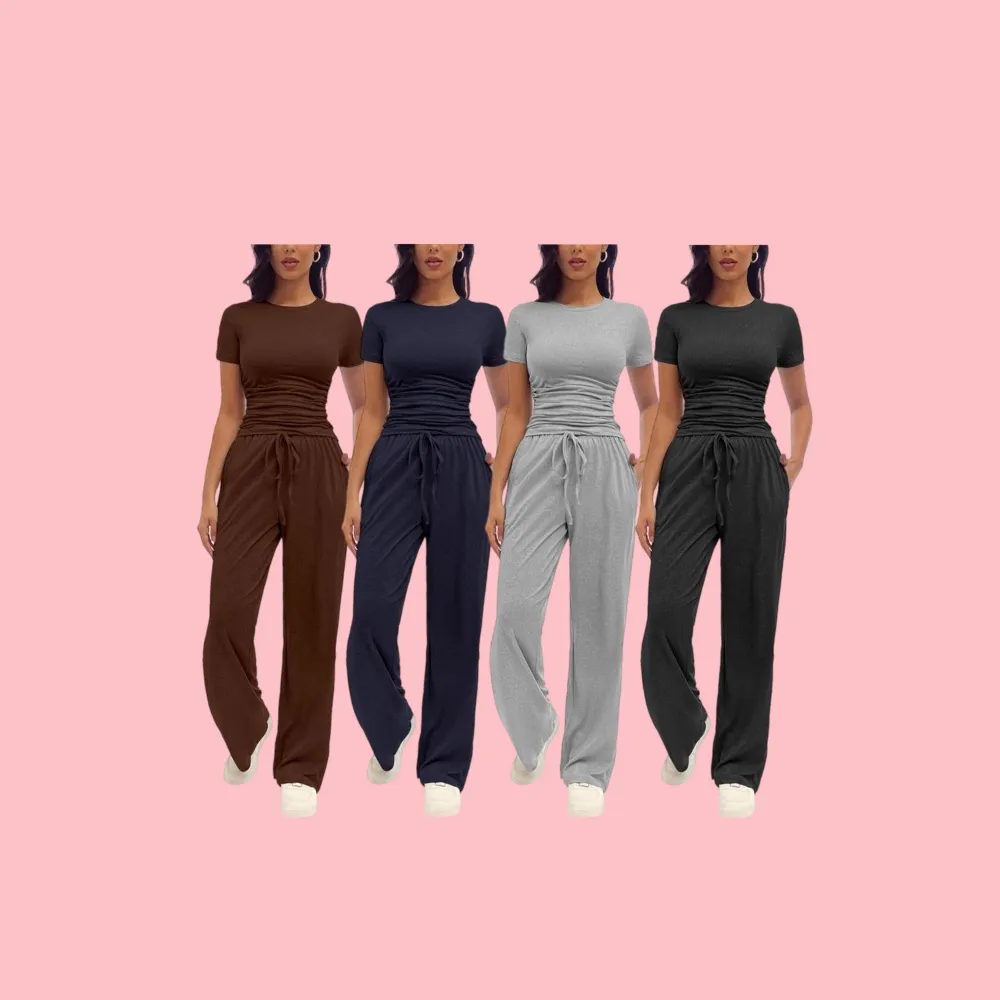 Women's Solid Round Neck Tee & Pants Loungewear