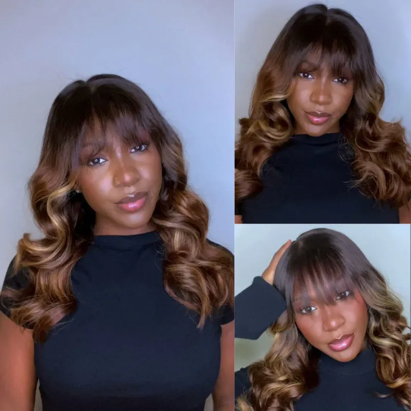 Ombre Chestnut Brown Highlights Designer Layered Wavy Curtain Bangs 9×6 / 5x5 Glueless Closure Body Wave Wig