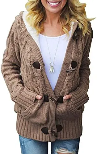 Womens Hooded Cardigans Button Up Cable Knit Sweater Coat Outerwear with Pockets