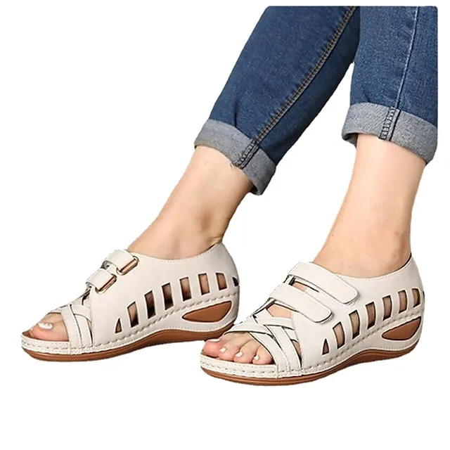 Women's Sandals Comfort Shoes Plus Size Barefoot Sandals Daily Summer Cut Out Wedge Heel Peep Toe Elegant Casual Faux Leather Magic Tape White Dark Green Brown