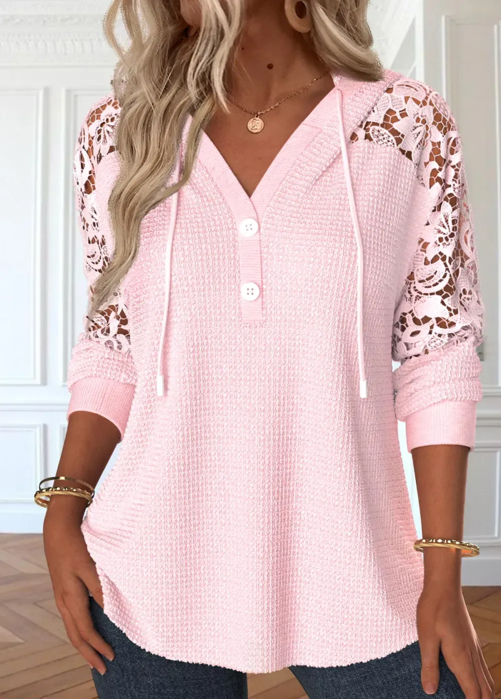 Light Pink Lace Long Sleeve Hoodie