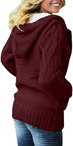 Womens Hooded Cardigans Button Up Cable Knit Sweater Coat Outerwear with Pockets