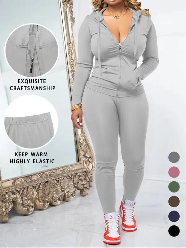 Women's Fall 2-Piece Set: Zipper Hoodie & Skinny Pants (Pocket Design)