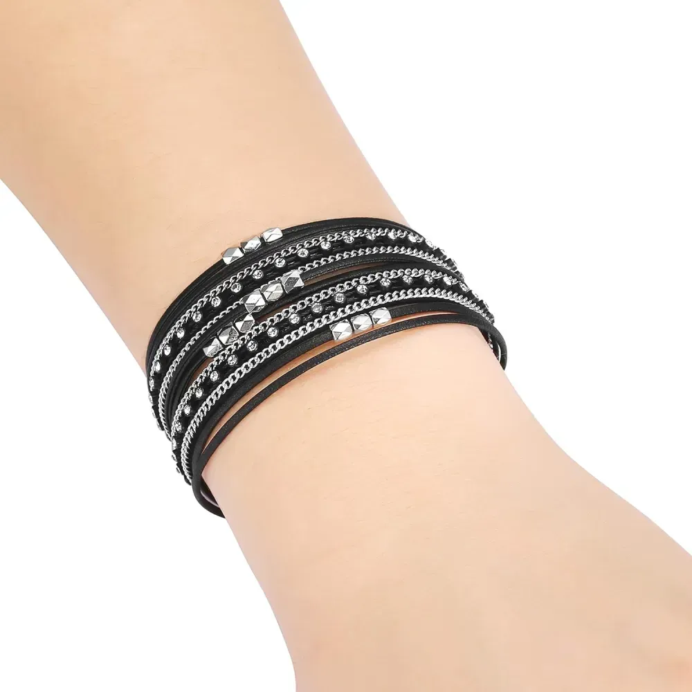 Fesciory Leather Wrap Bracelets for Women, Boho Leopard Multi-Layer Crystal Beads Cuff Bracelet Jewelry