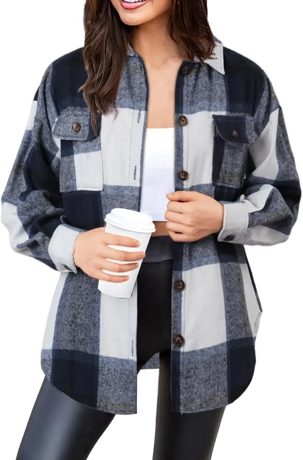 Women's Casual Plaid Flannel Shacket Jacket Oversized Button Down Long Sleeve Fall Shirts Jacket Lapel Coats Tops