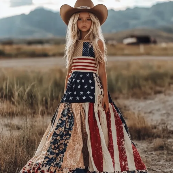 Young Girl's Independence Day Patchwork America Flag Print Linen Tank Dress（with Belt）