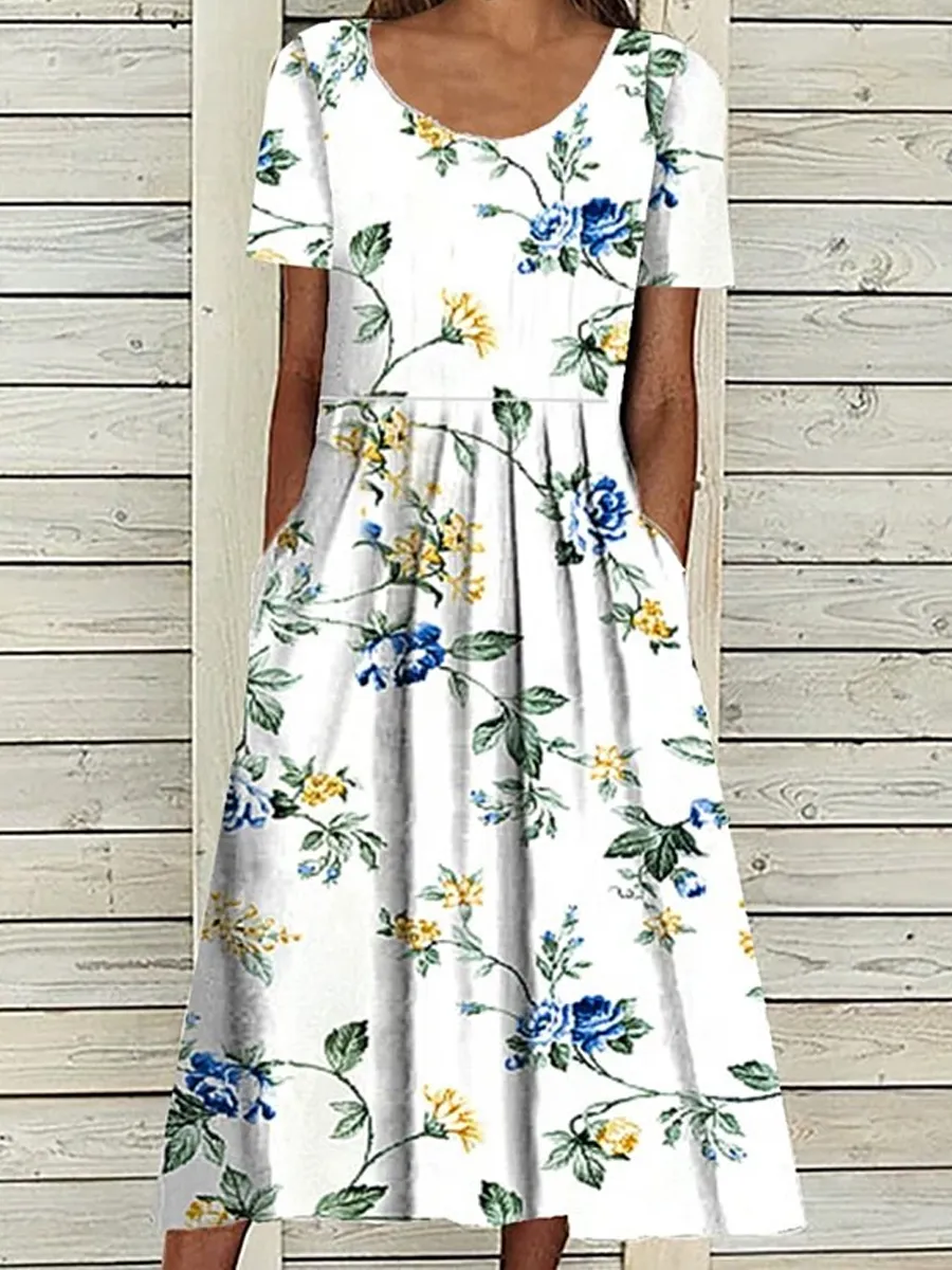 Casual Floral Print Crew Neck Pocket Short Sleeve Midi Dress