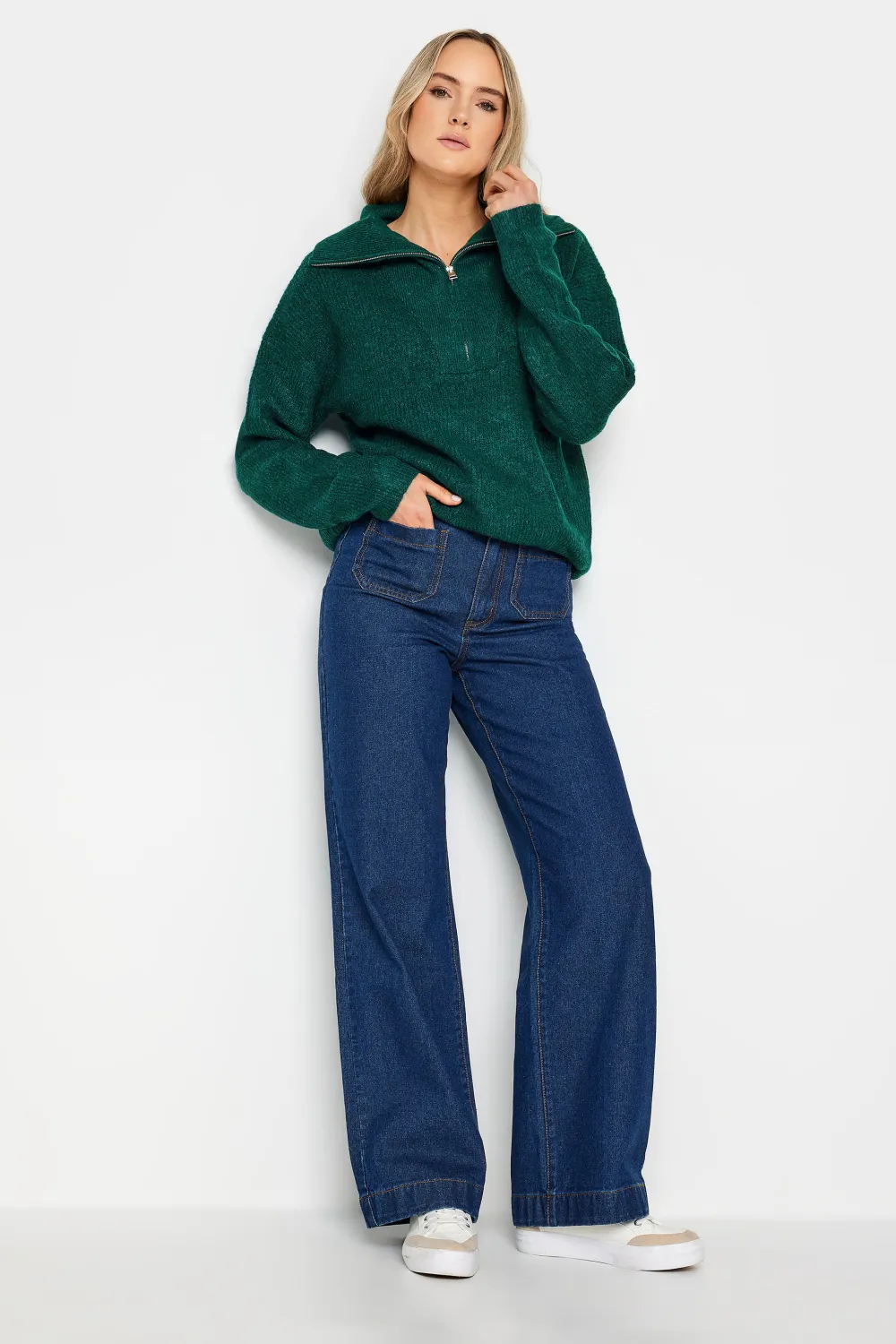 LTS Tall Dark Green Marl Zip Funnel Neck Jumper