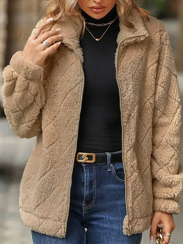 Women's Fleece Jacket Sherpa Jacket Teddy Coat Windproof Warm Outdoor Street Daily Wear Vacation Zipper Pocket Zipper Turndown Plush Modern Casual Street Style Plain Regular Fit Outerwear Long Sleeve