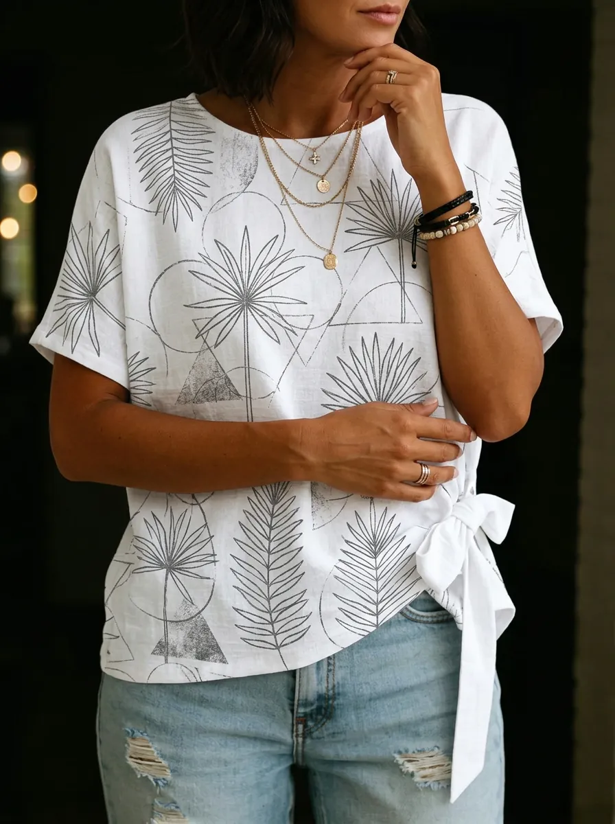 Women's Nashville Tropical Palm Geometric Printed Tie-Side Top