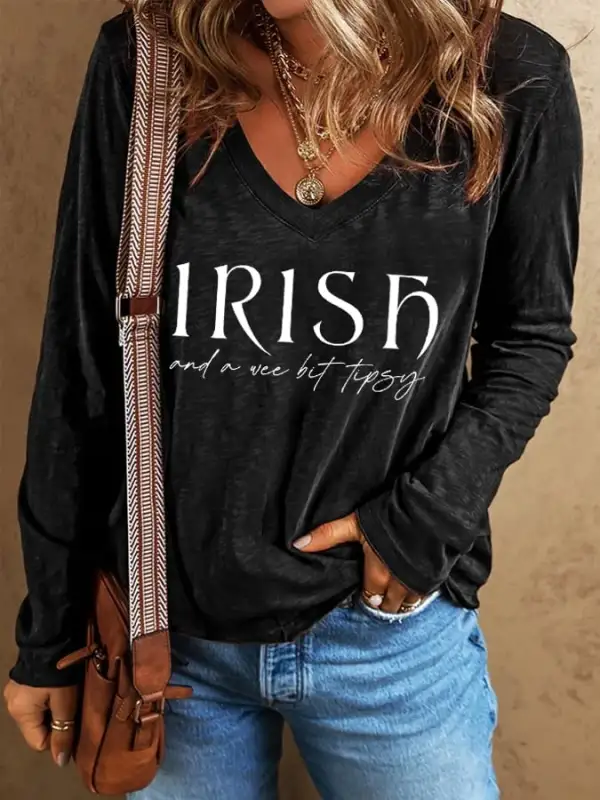 Women's St.Particks Day Funny Drunk Irish And A Wee Bit Tipsy Print Casual Long-Sleeve T-Shirt