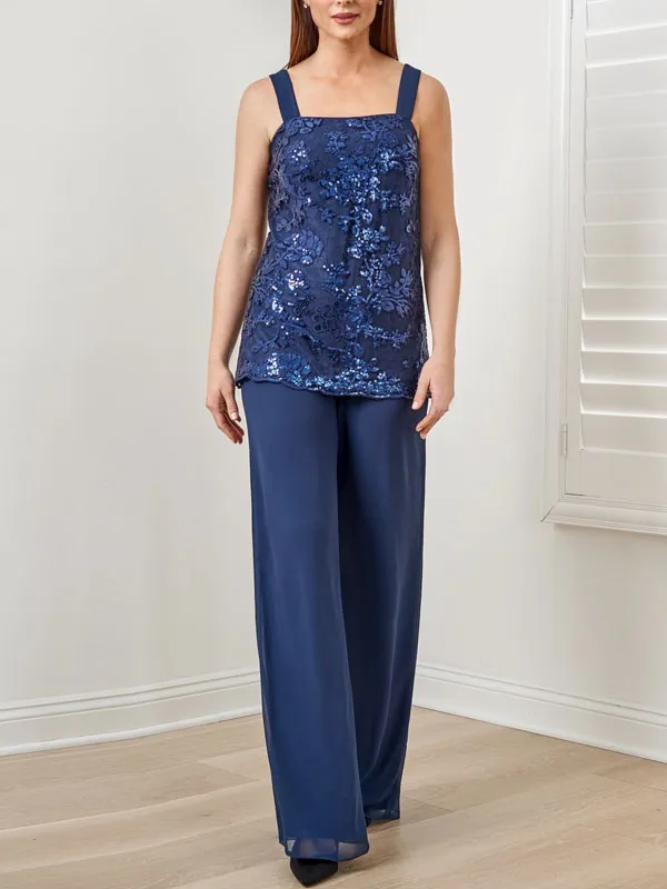 Suit Sequined Chiffon Embroidered Top + Chiffon Long Pants