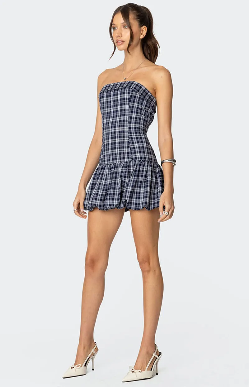 Edikted Plaid Strapless Bubble Mini Dress
