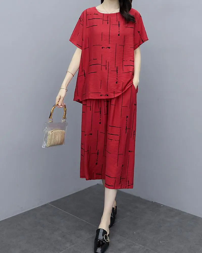 Printing Casual Two-piece 3/4 Length Pants Suits