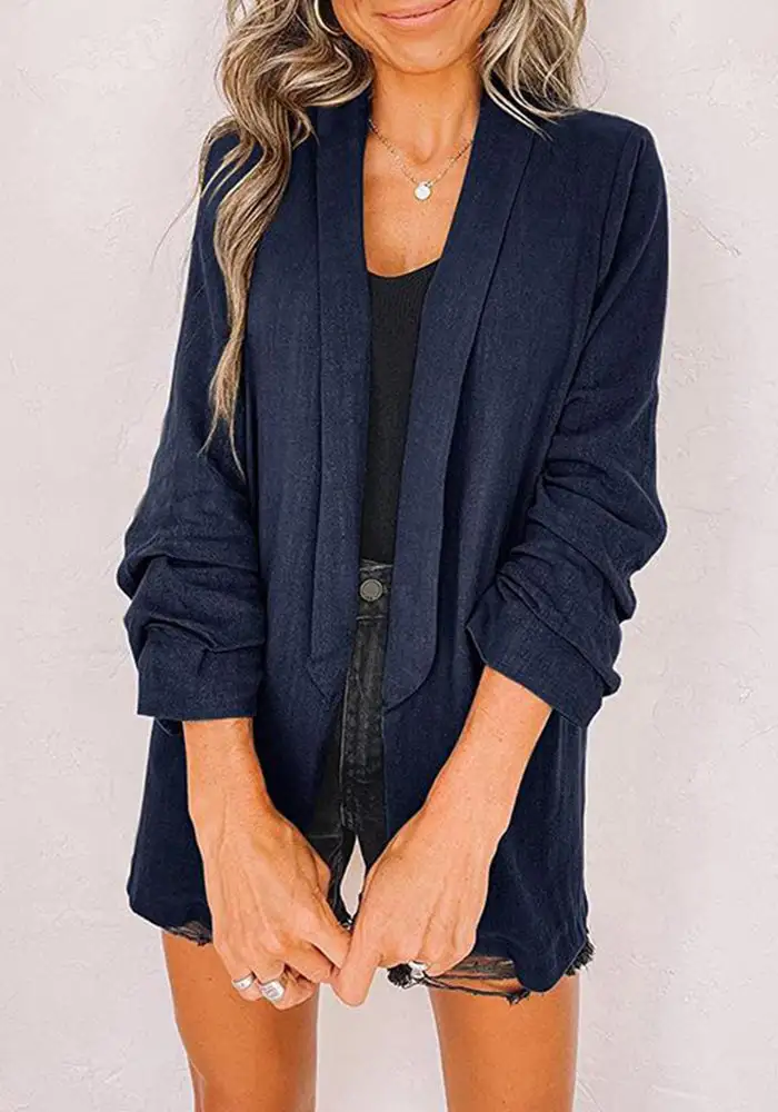 Plain Shawl Collar Ruched Sleeve Blazer