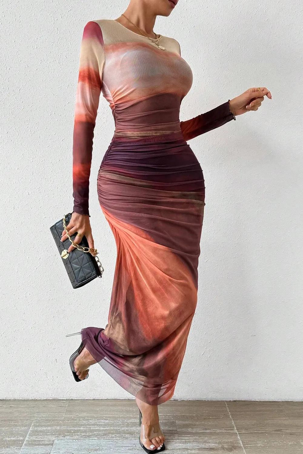 Women's Tie Dye Long Sleeve Pleated Dress Multicolor