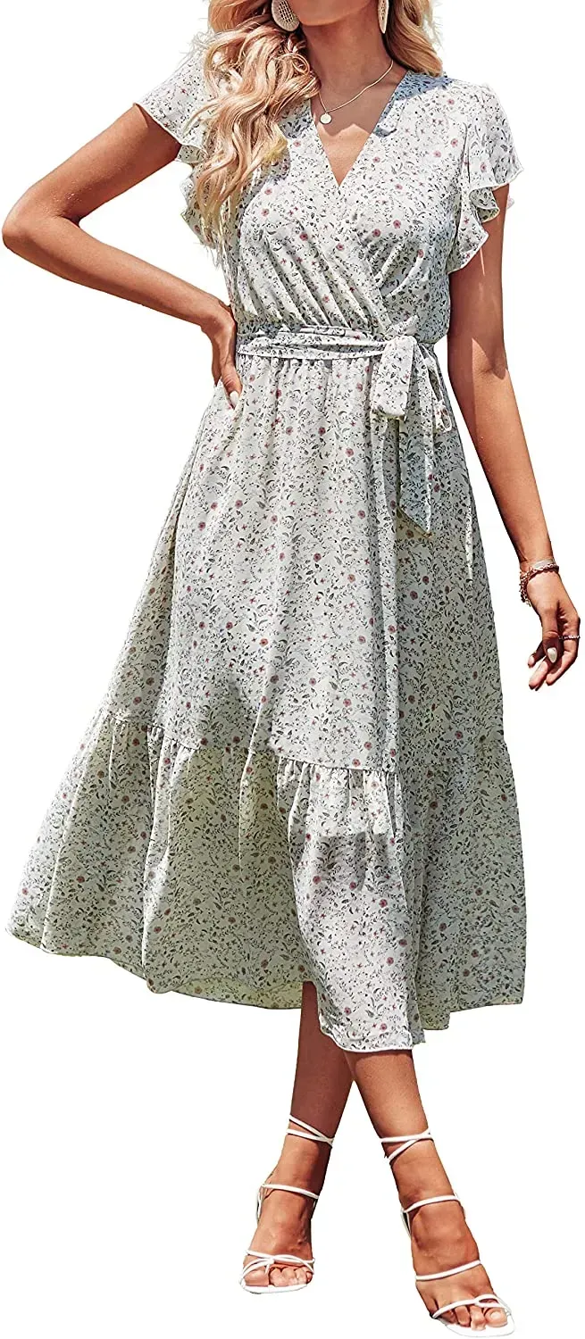 Women Summer Bohemian Floral Casual Wrap V Neck Ruffle Cap Sleeveless Belt A-Line Pleated Hem Swing Midi Sun Dress