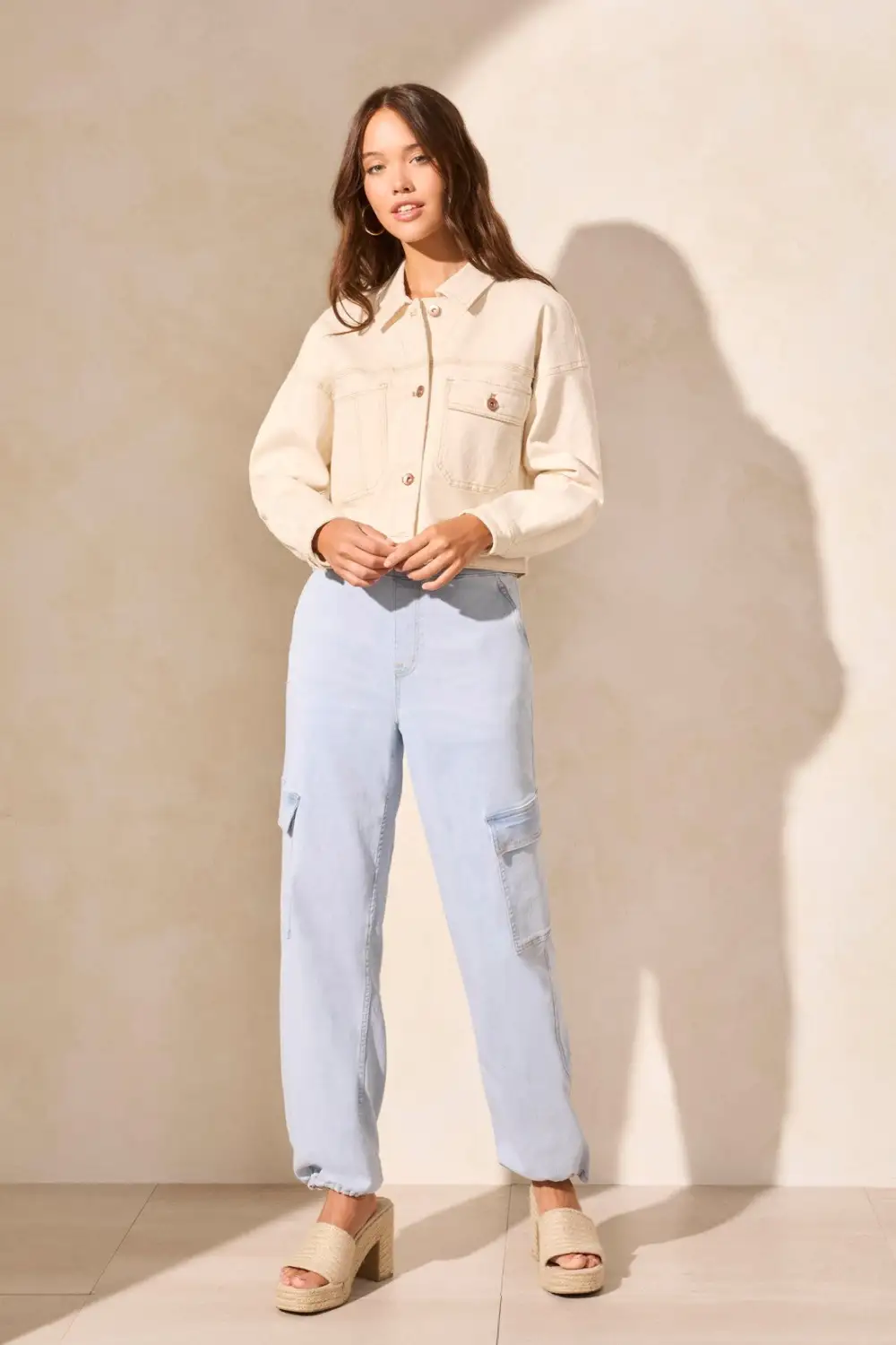 Drop Shoulder Crop Denim Jacket-Ecru