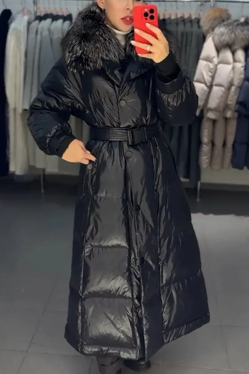 Women's Retro Elegant Hooded Fur Collar Belt Pocket Button Long Cotton Coat