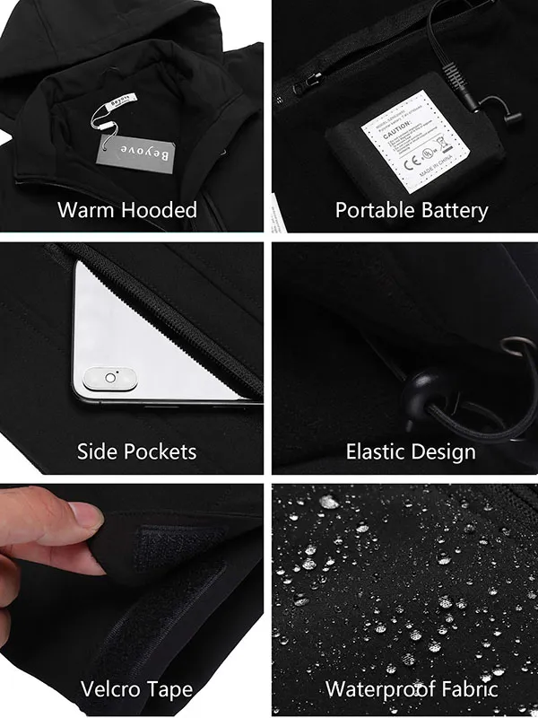 Women's heated jacket, winter windproof jacket, warm jacket with battery pack and detachable hood