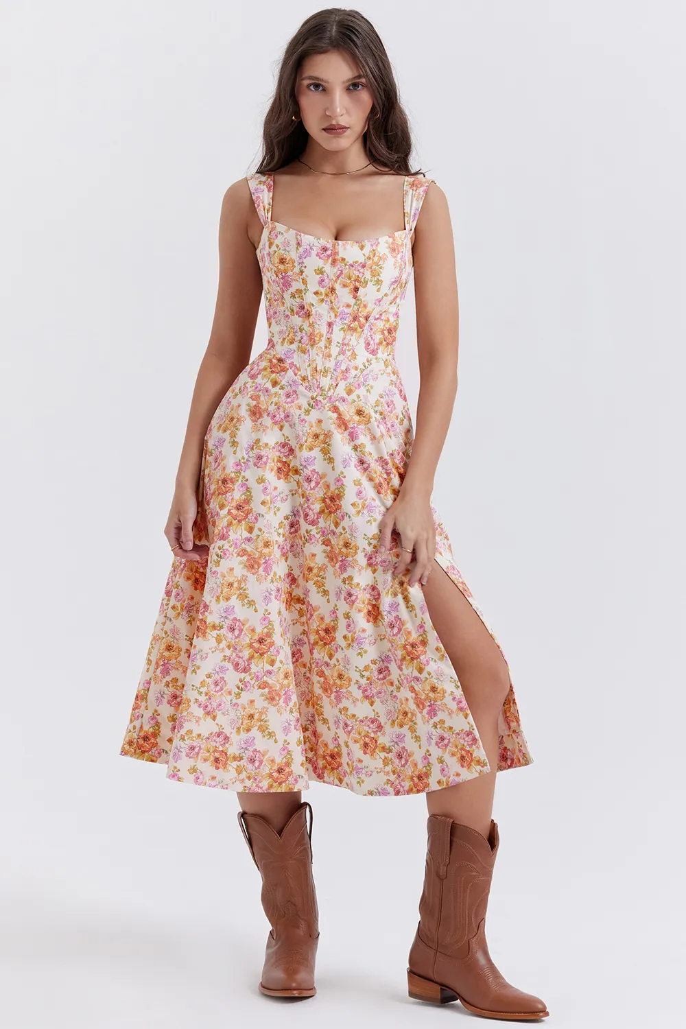 FLORAL LACE-UP CORSET A-LINE SUN DRESS