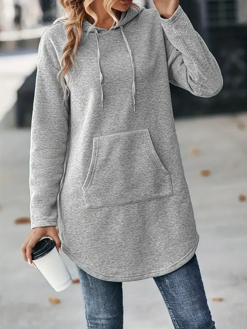 Solid Color Drawstring Hoodie Sheath Dress, Casual Long Sleeve Kangaroo Pocket Dress For Fall & Winter, Women's Clothing