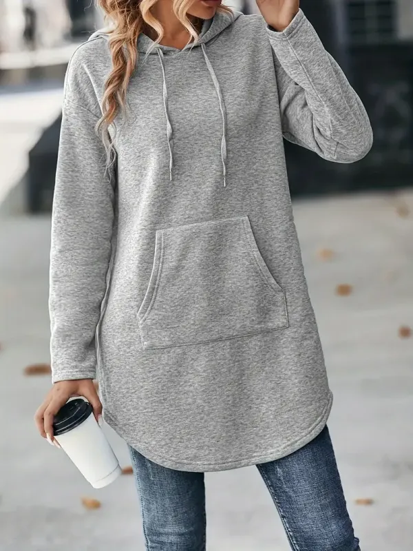 Solid Color Drawstring Hoodie Sheath Dress, Casual Long Sleeve Kangaroo Pocket Dress For Fall & Winter, Women's Clothing