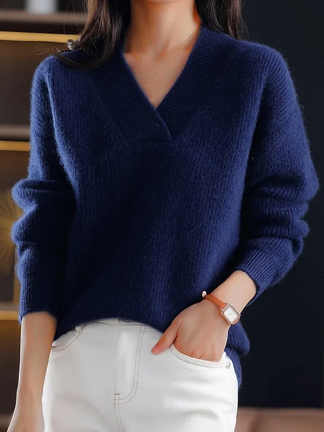 Women's Pullover Sweater Jumper V Neck Ribbed Knit Polyester Oversized Fall Winter Regular Outdoor Daily Going out Stylish Casual Soft Long Sleeve Solid Color Navy Blue Blue Camel S M L