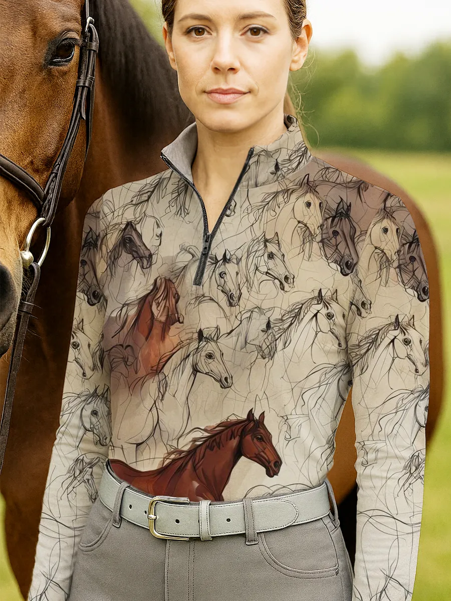 Women's Equestrian Vintage Horses Design Long Sleeve Casual Shirt
