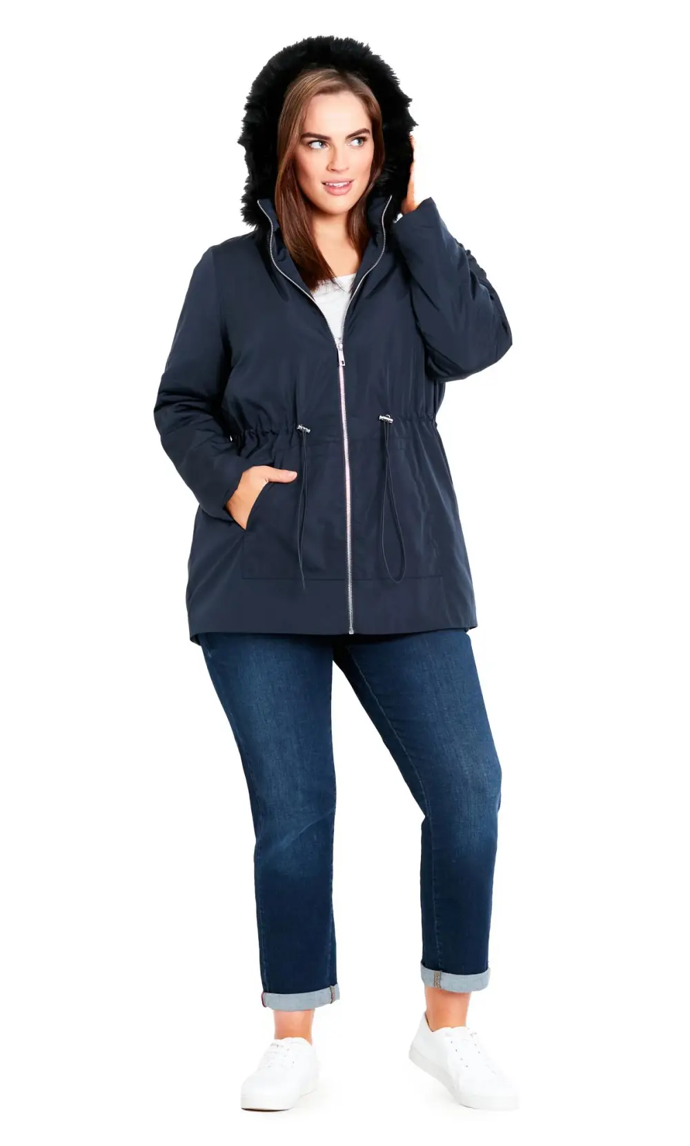 Evans Navy Blue Faux Fur Hooded Parka Coat