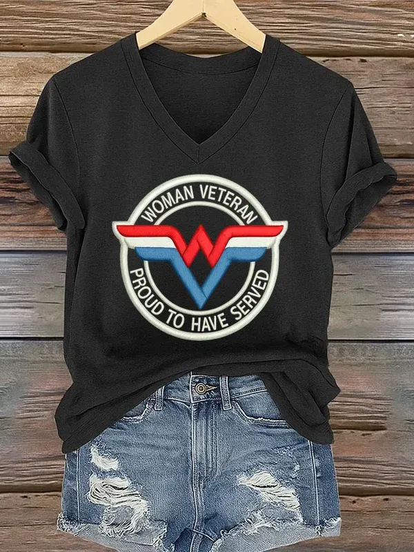 Women's Veteran Print Casual V-Neck Short Sleeve T-Shirt