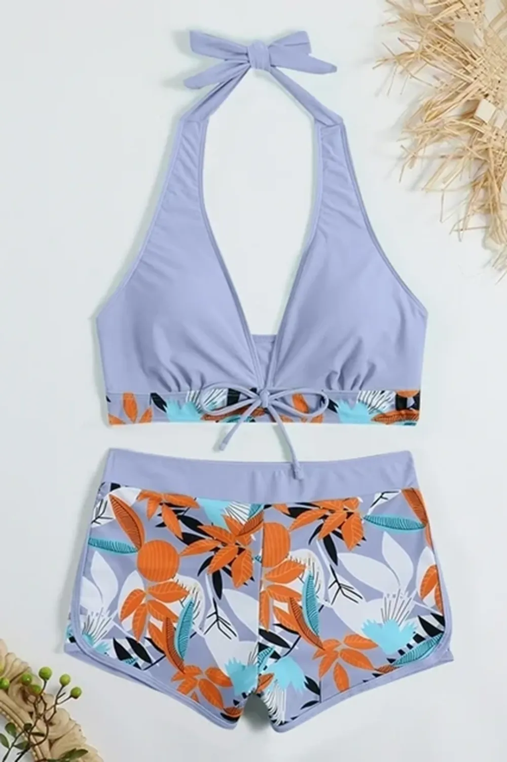 Sexy padded printed high-waisted patchwork swim trunks set
