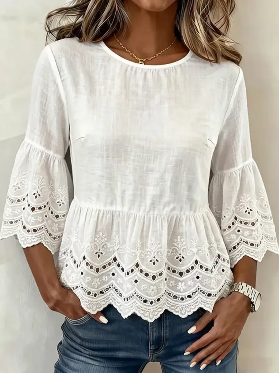 Women's Nashville Country Style Embroidered Bell Sleeve Peplum Top
