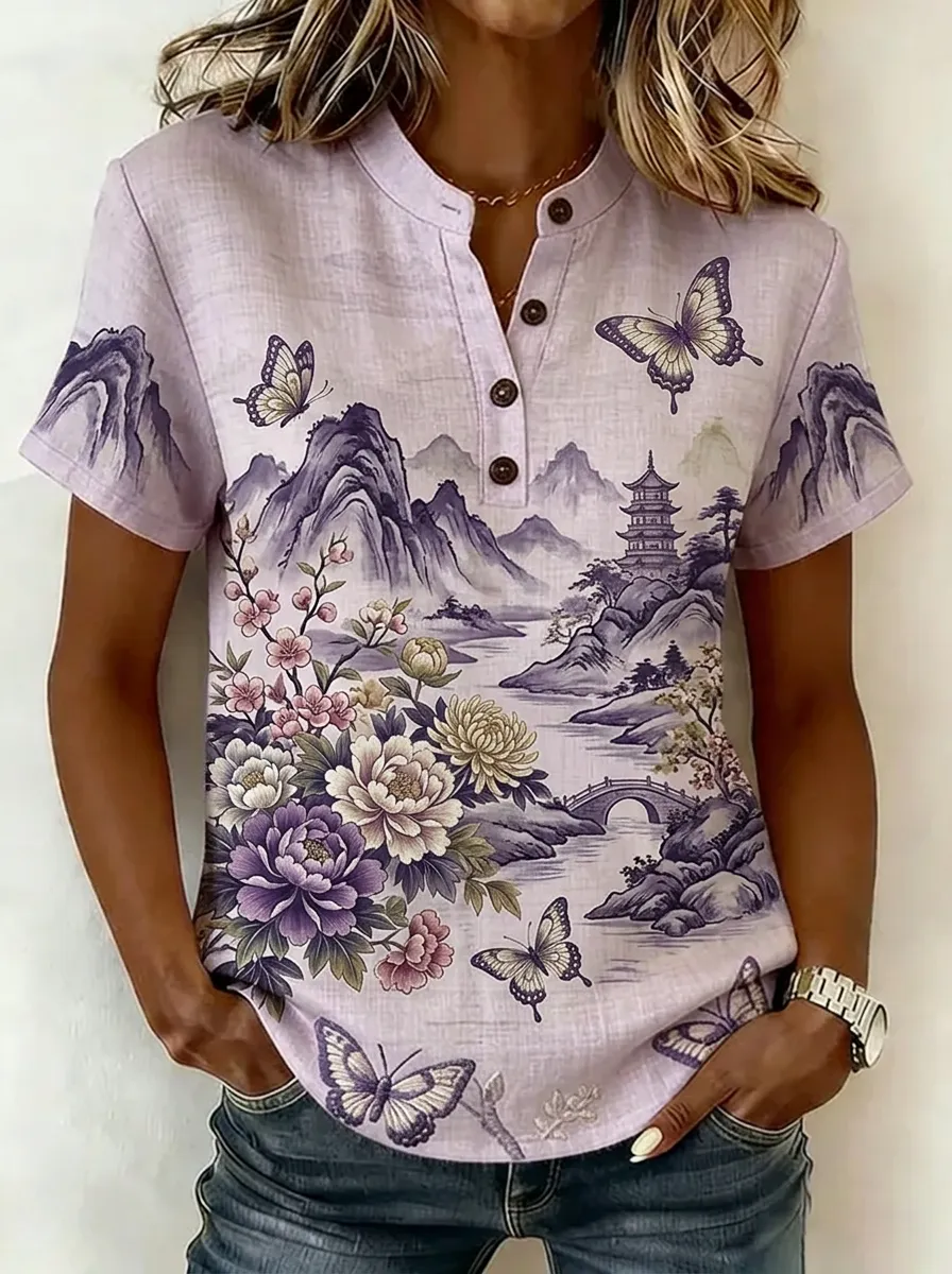 Women's Nashville Floral Butterfly Landscape Printed Henley Shirt