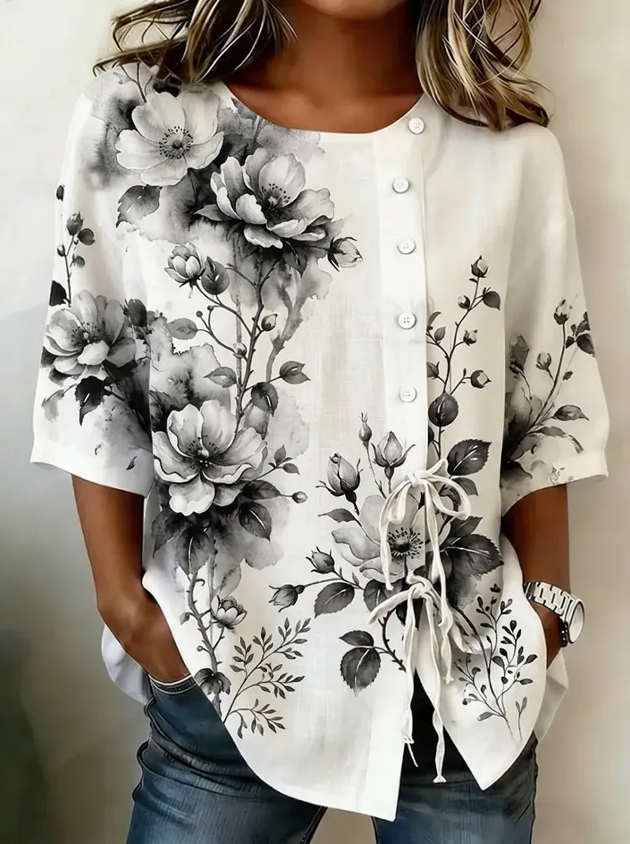 Women's Nashville Floral Watercolor Printed Button-Up Top