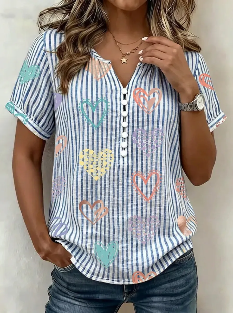 Women's Nashville Heart Pattern Striped Printed V-Neck Top