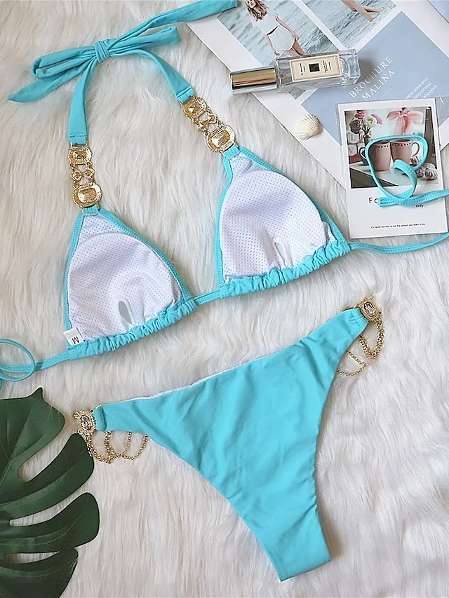 Women's Swimwear Bikini 2 Piece Normal Swimsuit Glitter Solid Color Black White Yellow Red Blue Plunge Bathing Suits Sexy Vacation Fashion