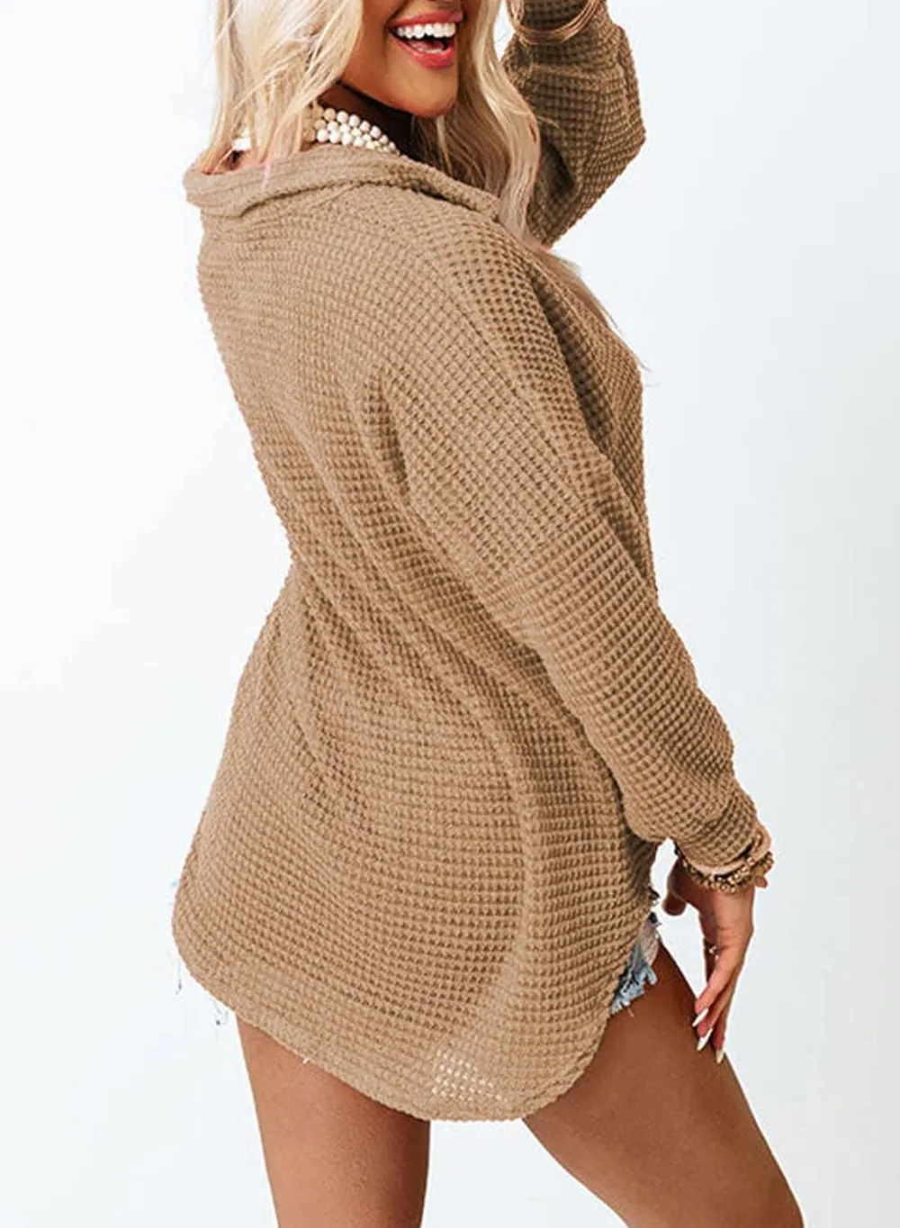 Womens Waffle Knit Button Down Shirts Casual Long Sleeve Shacket Jacket Boyfriend Tops Blouses Loose Fit