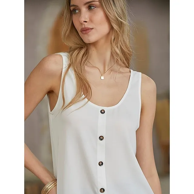 Women's ArmyGreen Black White Plain Sleeveless Daily Basic V Neck Regular S