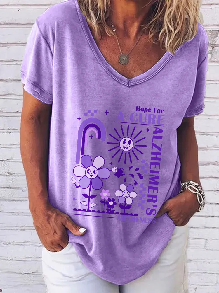 Women'S V-Neck Short-Sleeved T-Shirt Hope For A Cure Alzheimer'S Awareness Prints