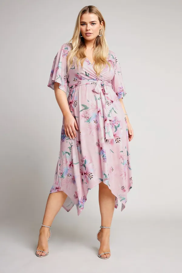 YOURS LONDON Curve Light Pink Floral Print Hanky Hem Wrap Dress