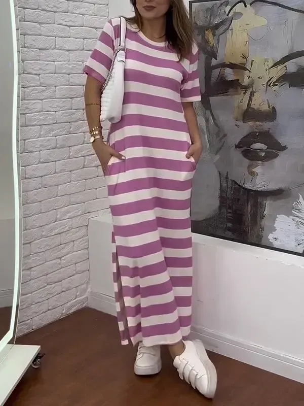 Women's Casual Round-neck Striped Short-sleeved Dress