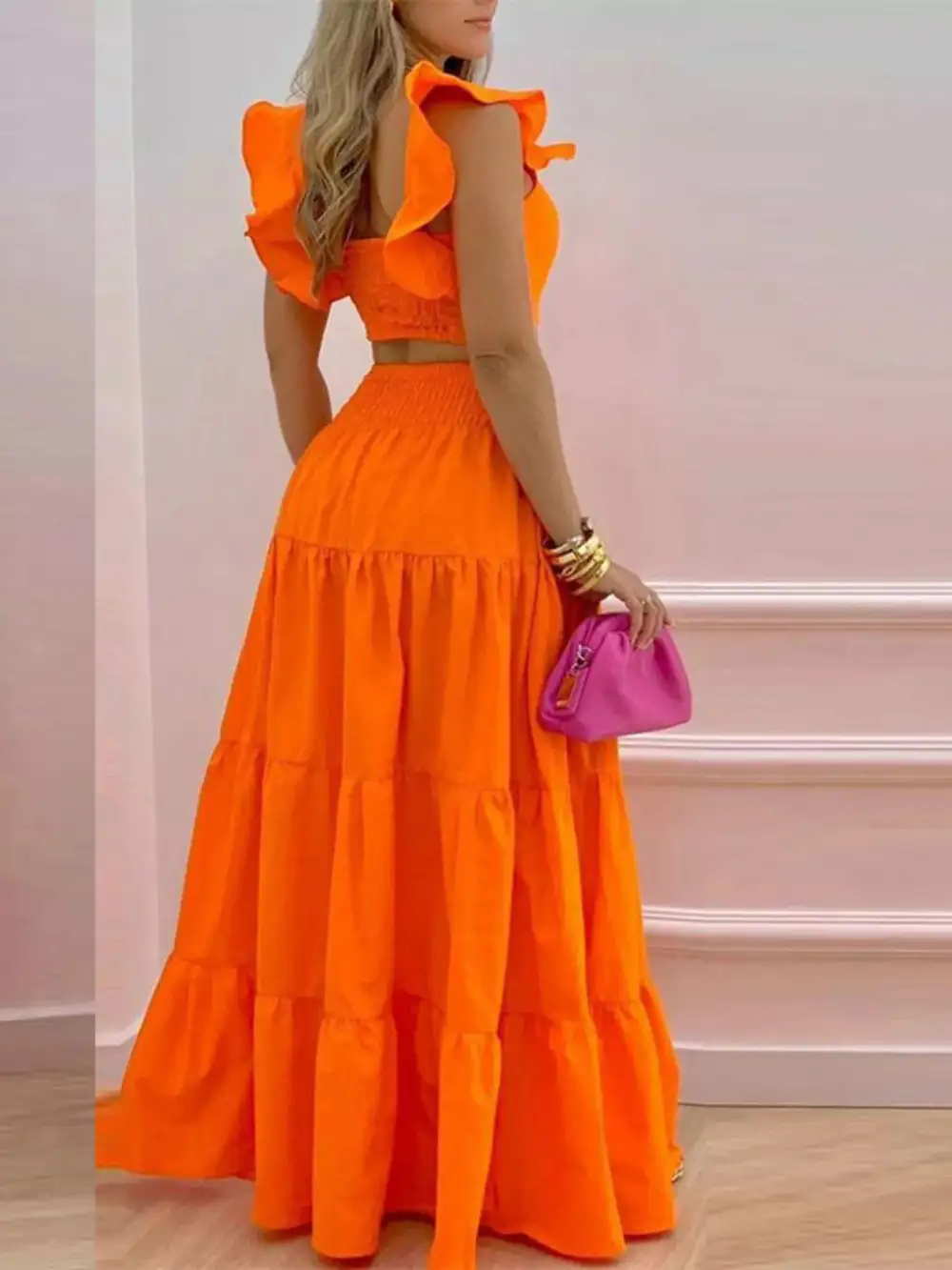 Crop Top Tiered Maxi Skirt Set