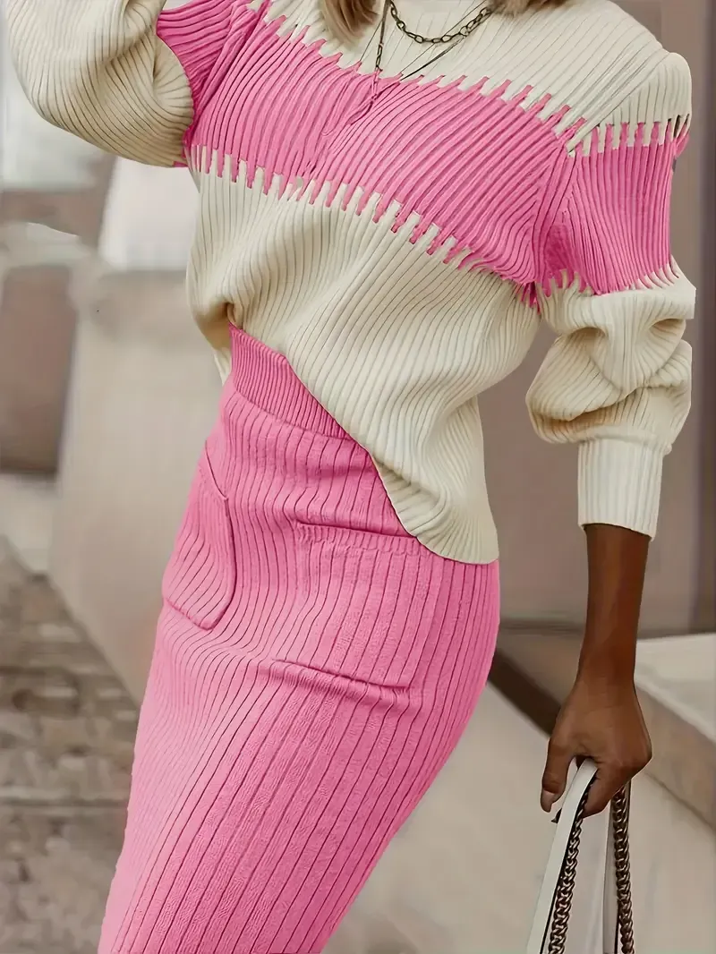 Casual Ribbed Two-piece Set, Color Block Knit Sweater & Solid Midi Sweater Skirts Outfits, Women's Clothing