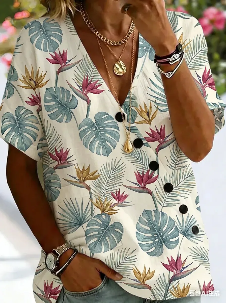 Women's Nashville Tropical Floral Monstera Leaf Printed V-Neck Top