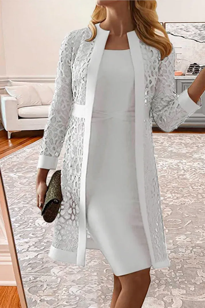 Spring Wedding Guest Dress Women's Solid Color Casual Lace Cardigan Dress Two Piece Sets
